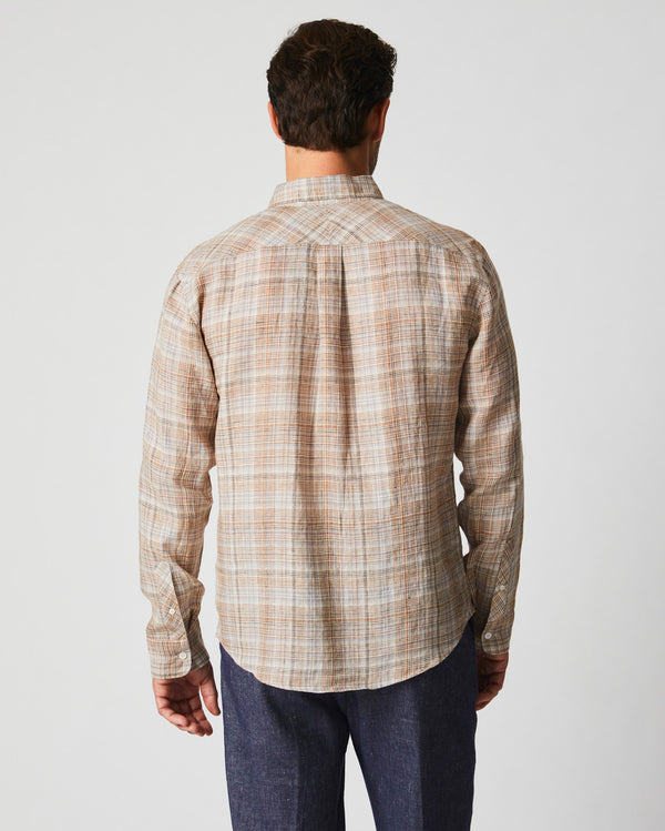 Linen Line Plaid Wilson Shirt in British Khaki/Silver