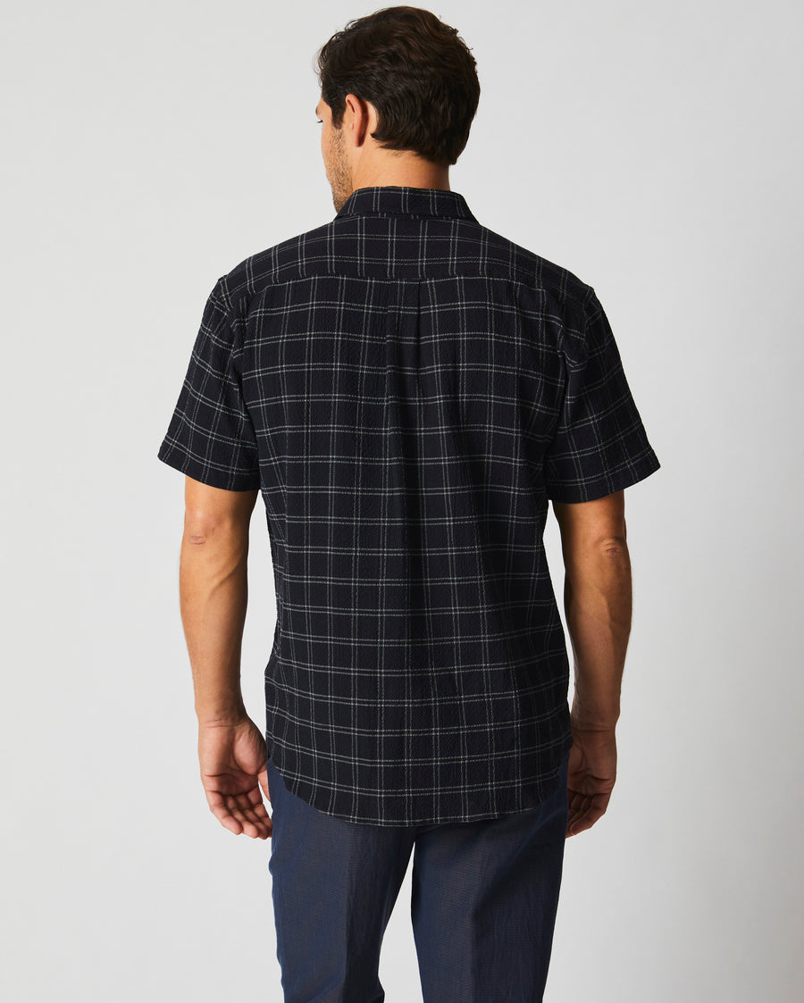 Short Sleeve Grid Plaid Seersucker Tuscumbia Shirt in Black