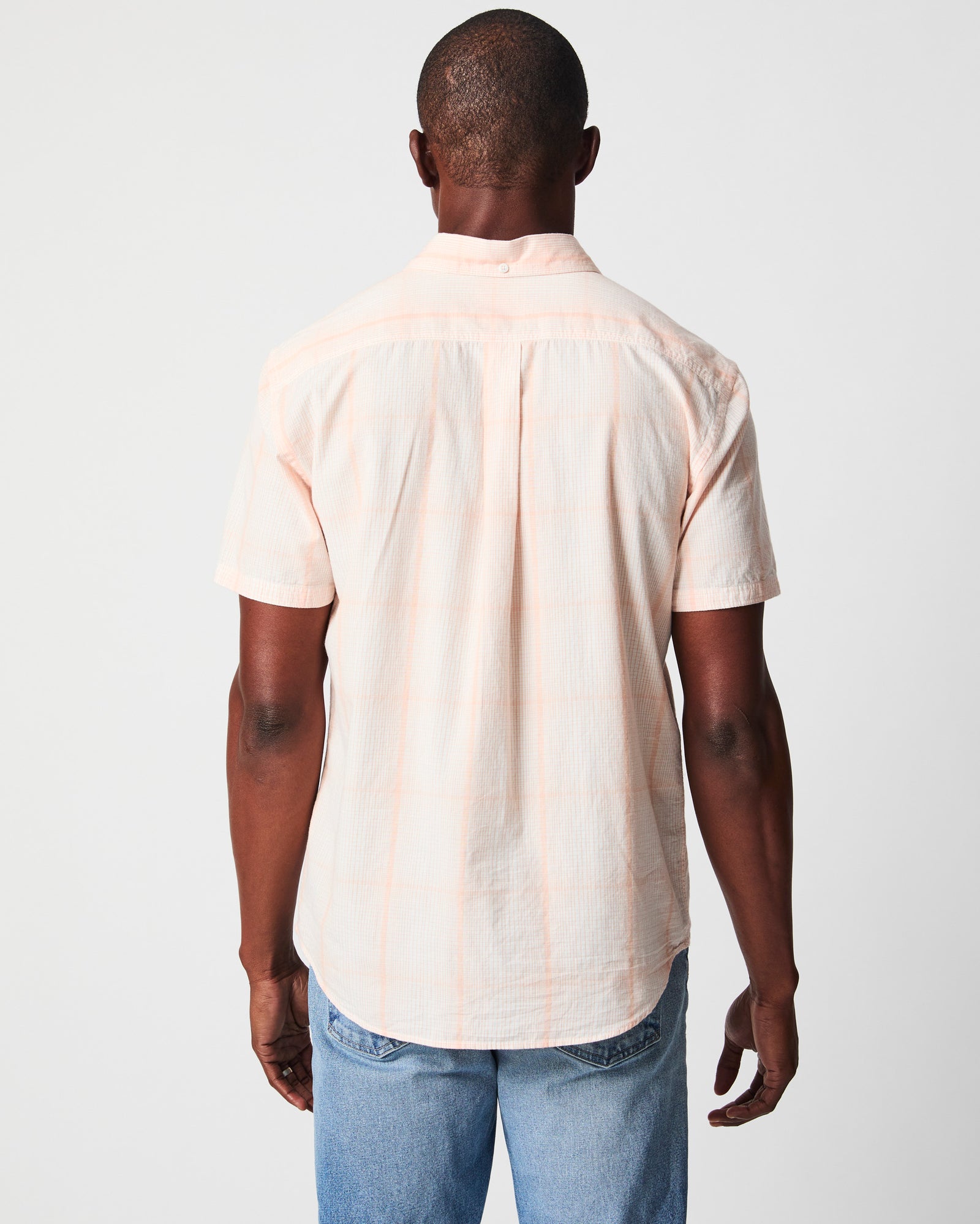 Short Sleeve Line Plaid Tuscumbia Shirt Button Down in Pale Coral