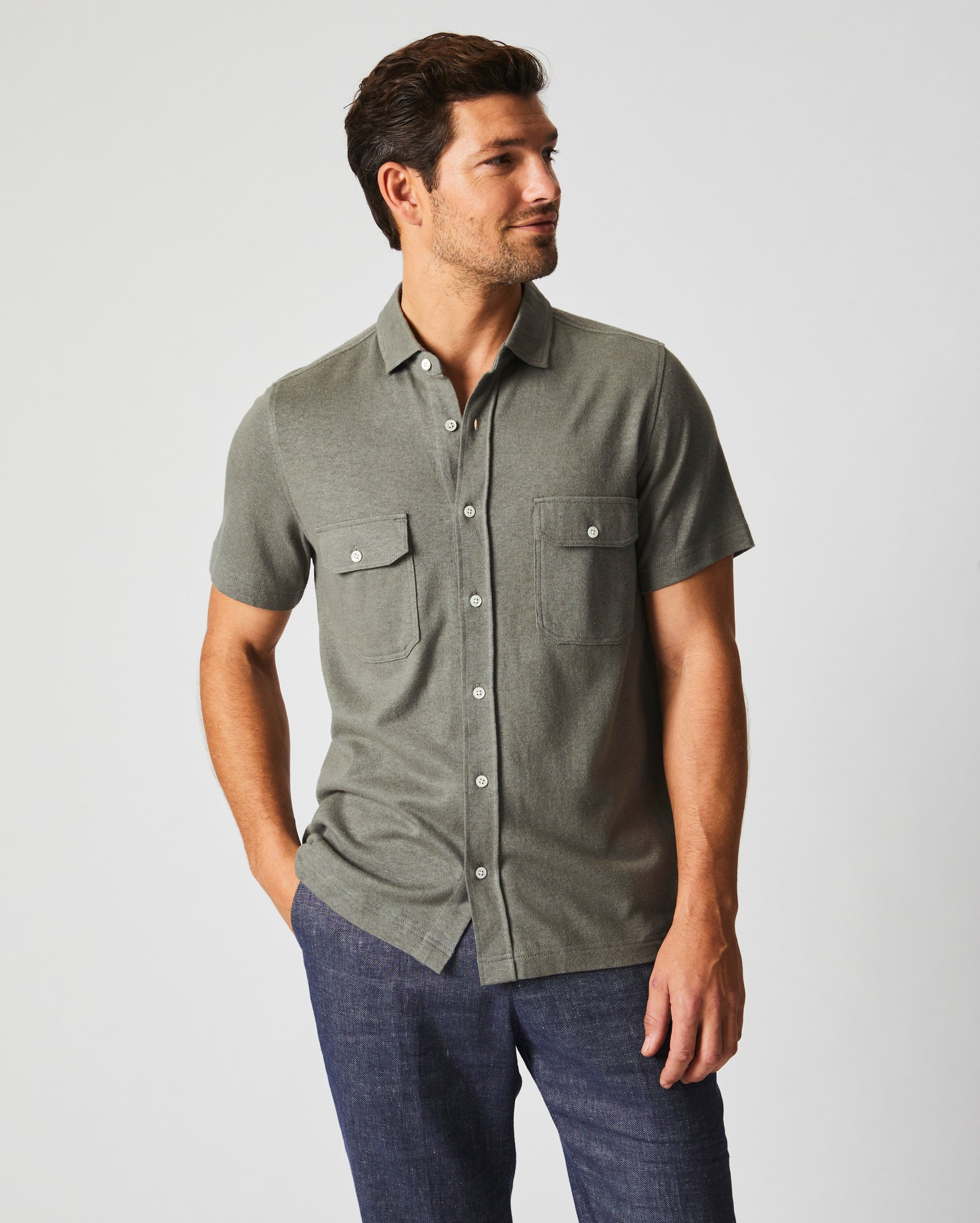 Short Sleeve Hemp Cotton Knit Shirt in Washed Grey