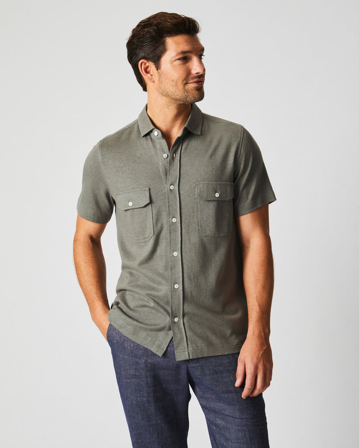 Short Sleeve Hemp Cotton Knit Shirt in Washed Grey