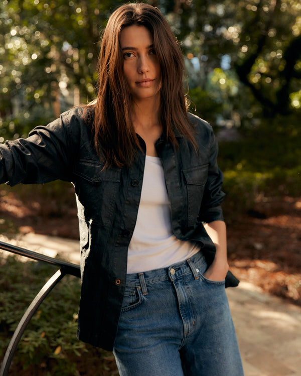 Coated Linen Shirt Jacket in Carbon Blue