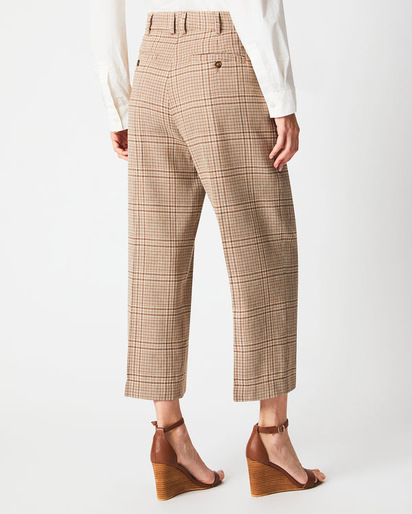 Plaid Cropped Flat Front Trouser in Khaki/Pink Salt