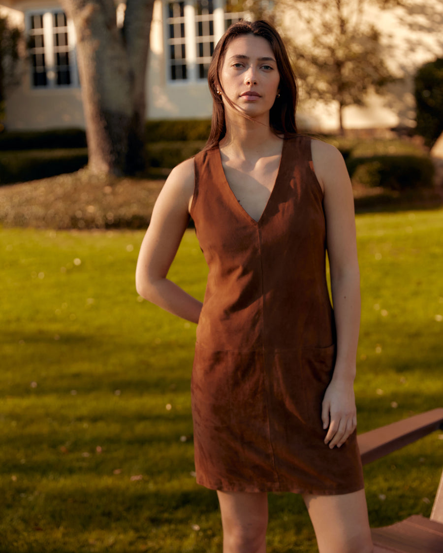 Suede Shift Dress in Country Brown