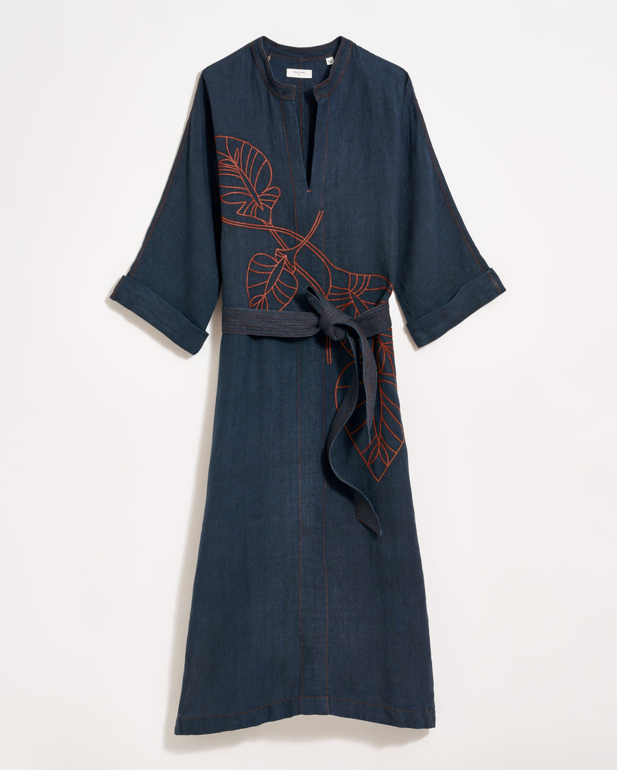 Embroidered Maxi Tunic Dress in Indigo Blue