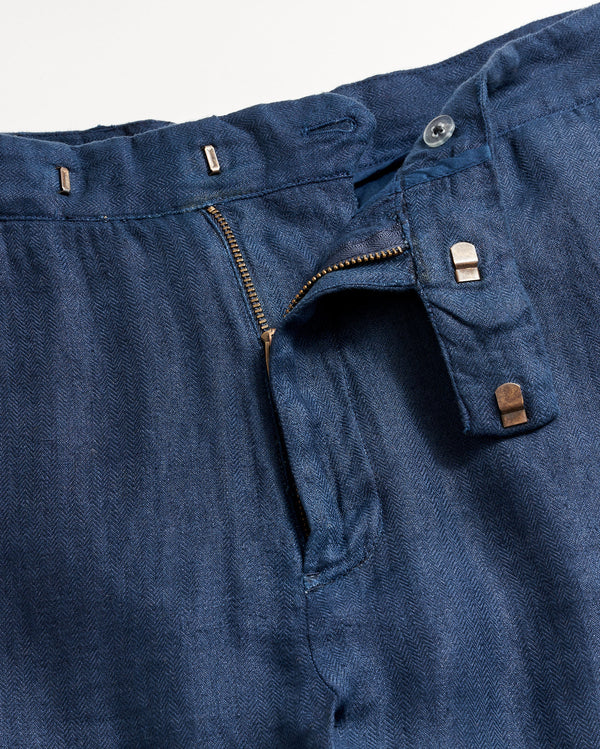 Garment Dyed Linen Flat Front Trouser in Carbon Blue