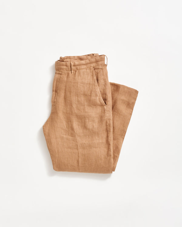 Garment Dyed Linen Flat Front Trouser in Dark Tan