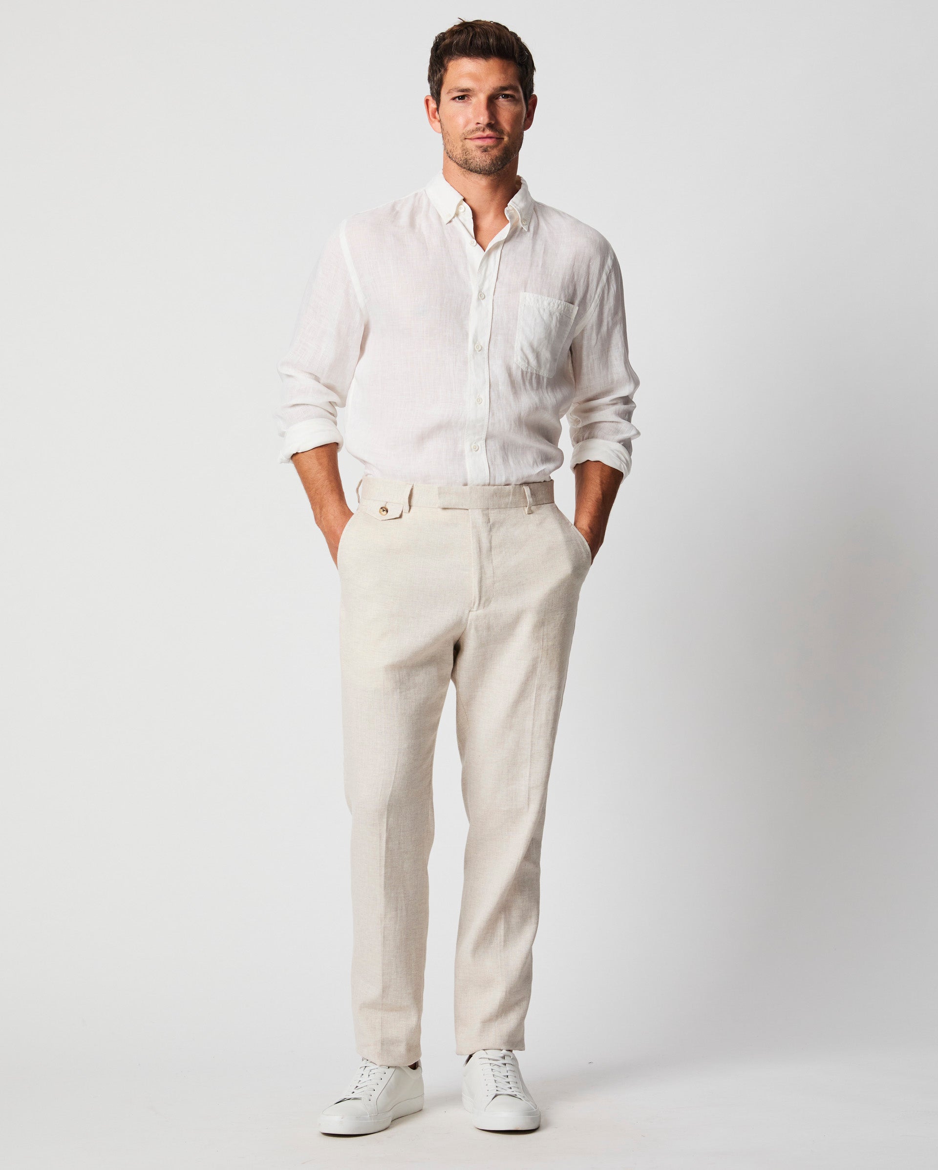 Herringbone Flat Front Trouser in Natural