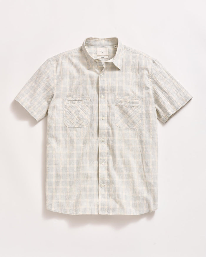 Billy Reid Short Sleeve Seersucker Donelson Shirt in Dew Blue