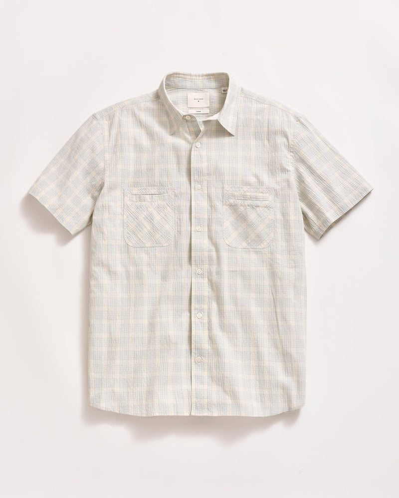 Billy Reid Short Sleeve Seersucker Donelson Shirt in Dew Blue