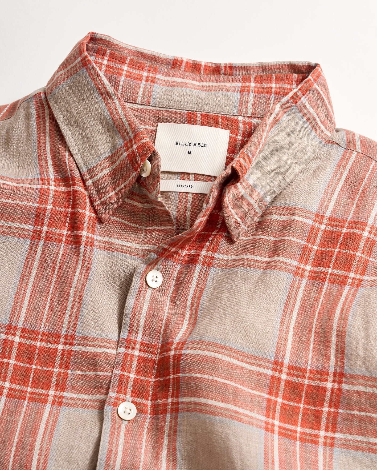 Bold Plaid Linen Wilson Shirt in Brick Collar Shot