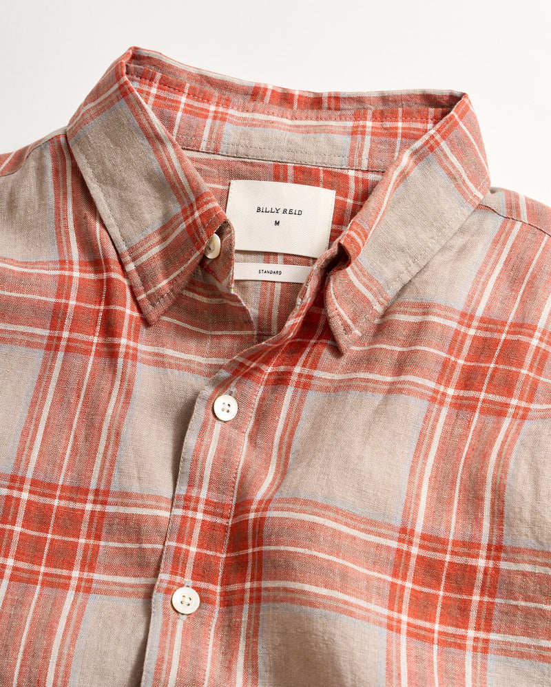 Bold Plaid Linen Wilson Shirt in Brick Collar Shot