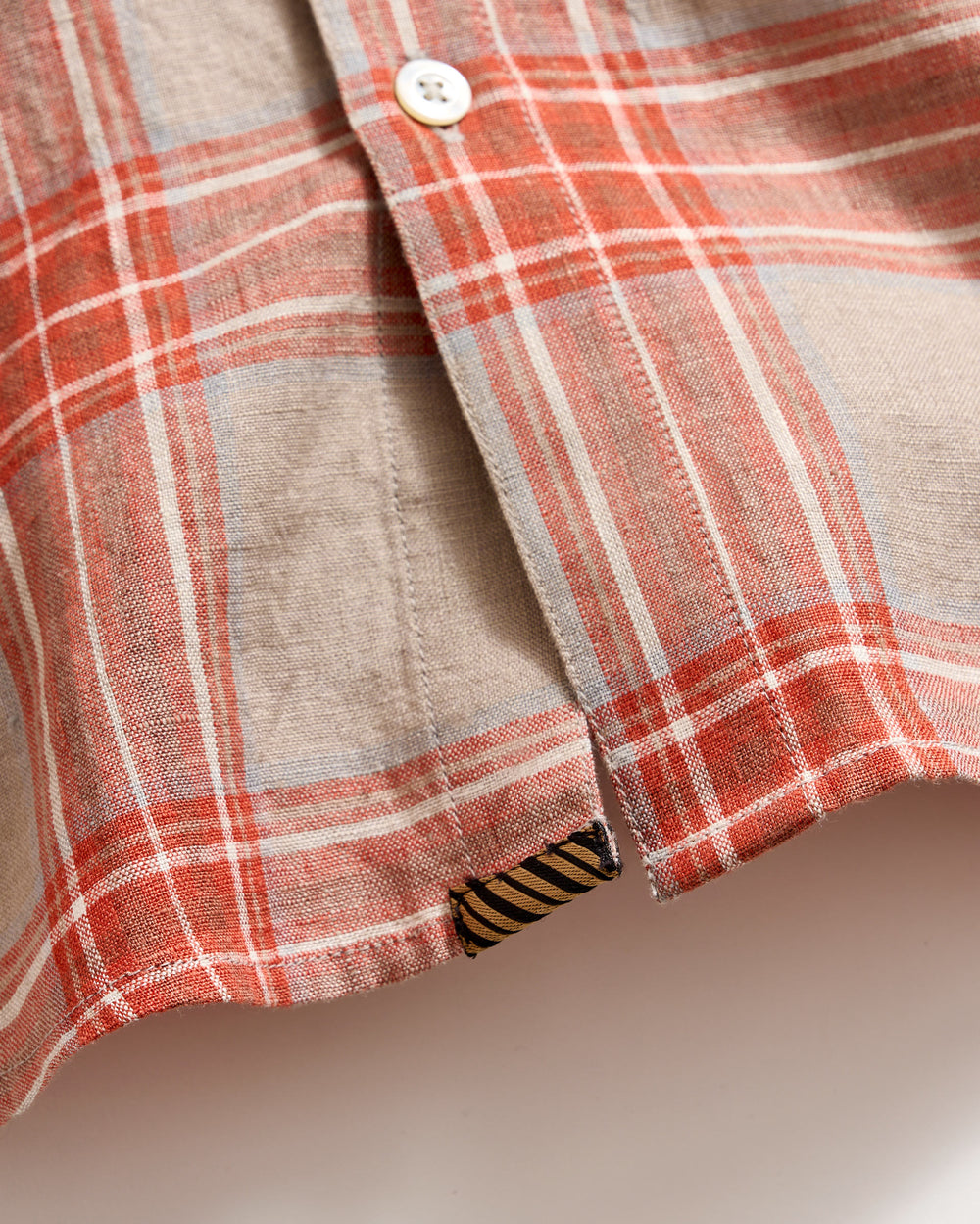 Bold Plaid Linen Wilson Shirt in Brick, Underplacket shot