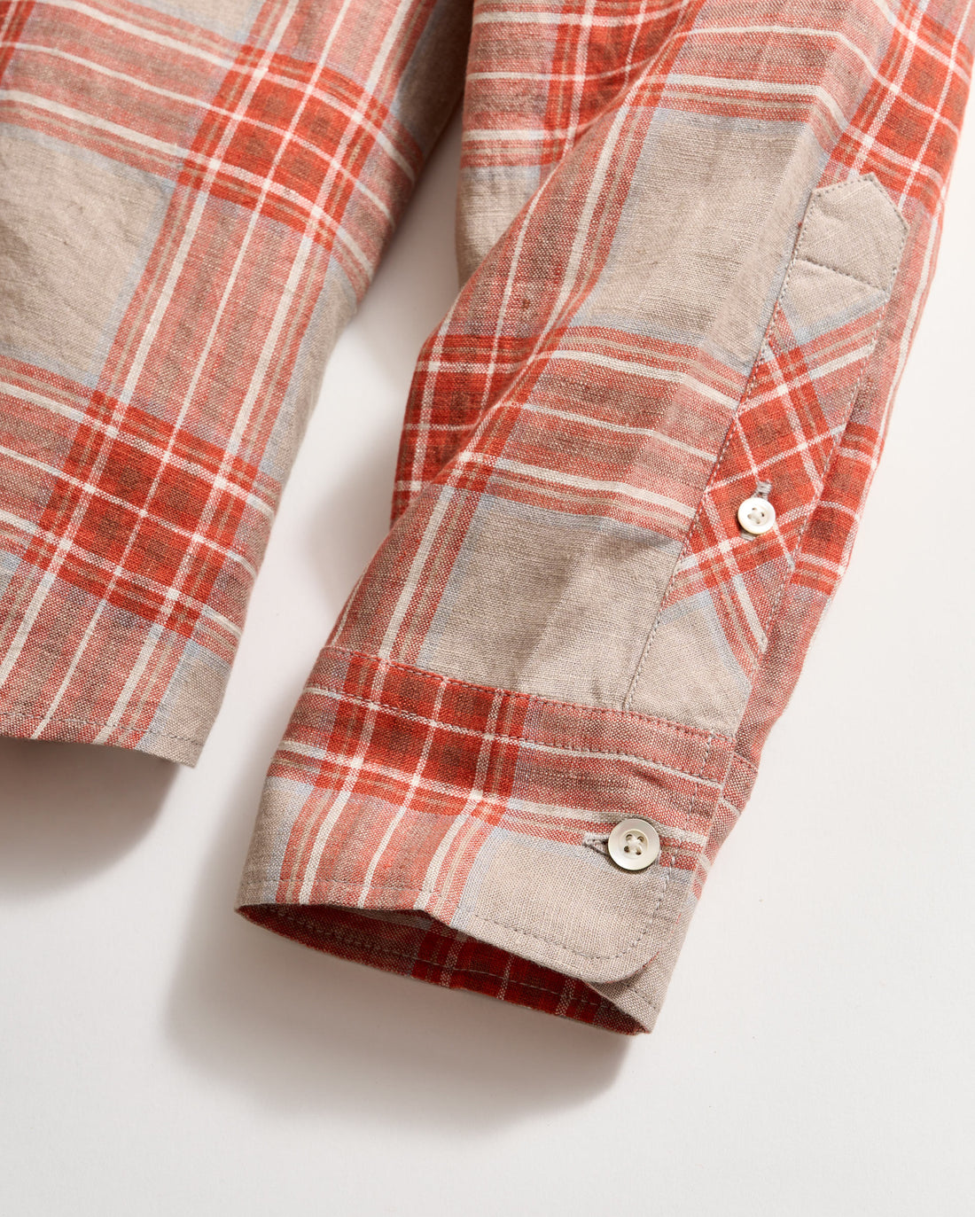 Sleeve shot shows mother of pearl buttons and barrel cuffs.