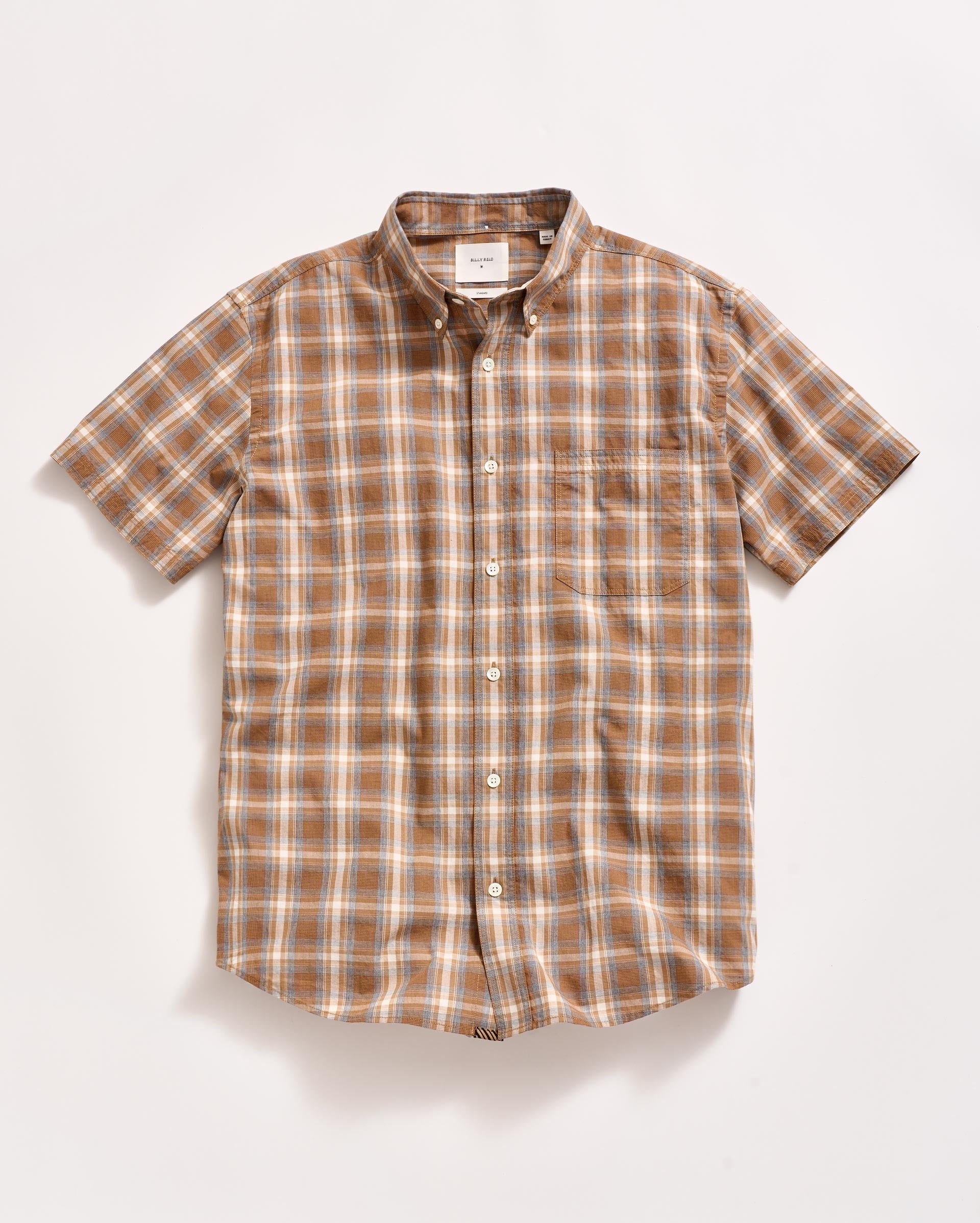 Short Sleeve Melange Plaid Tuscumbia Shirt Button Down in Brown Multi