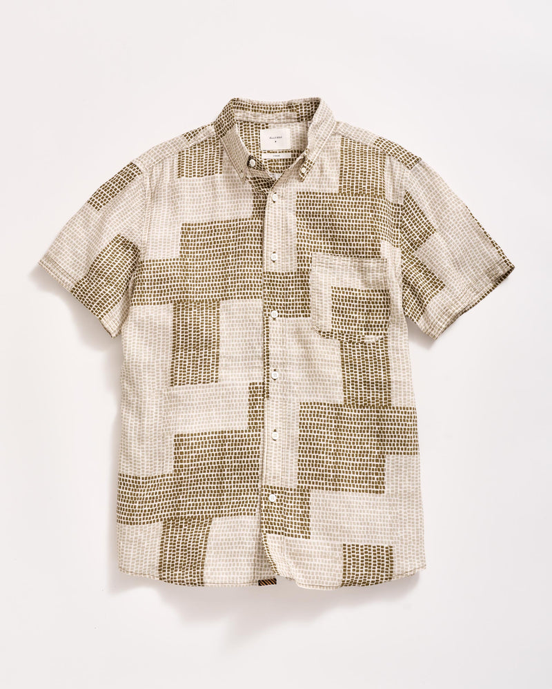 Short Sleeve Brick Patchwork Tuscumbia Shirt Button Down in Olive Multi