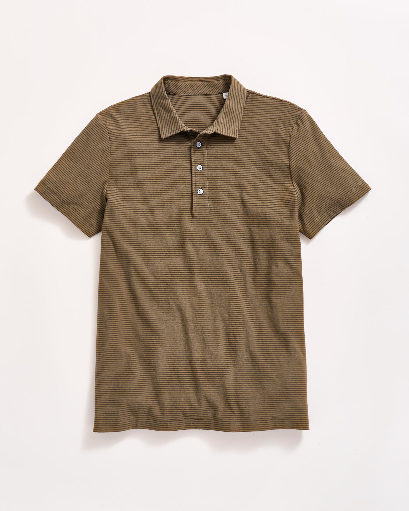A short-sleeve, brown polo shirt with thin horizontal stripes, a collar, and a three-button placket, laid flat on a plain white background.