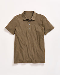 A short-sleeve, brown polo shirt with thin horizontal stripes, a collar, and a three-button placket, laid flat on a plain white background.