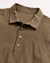 A brown and olive-green striped polo shirt with a collar and three buttons on the placket, laid flat on a white background.