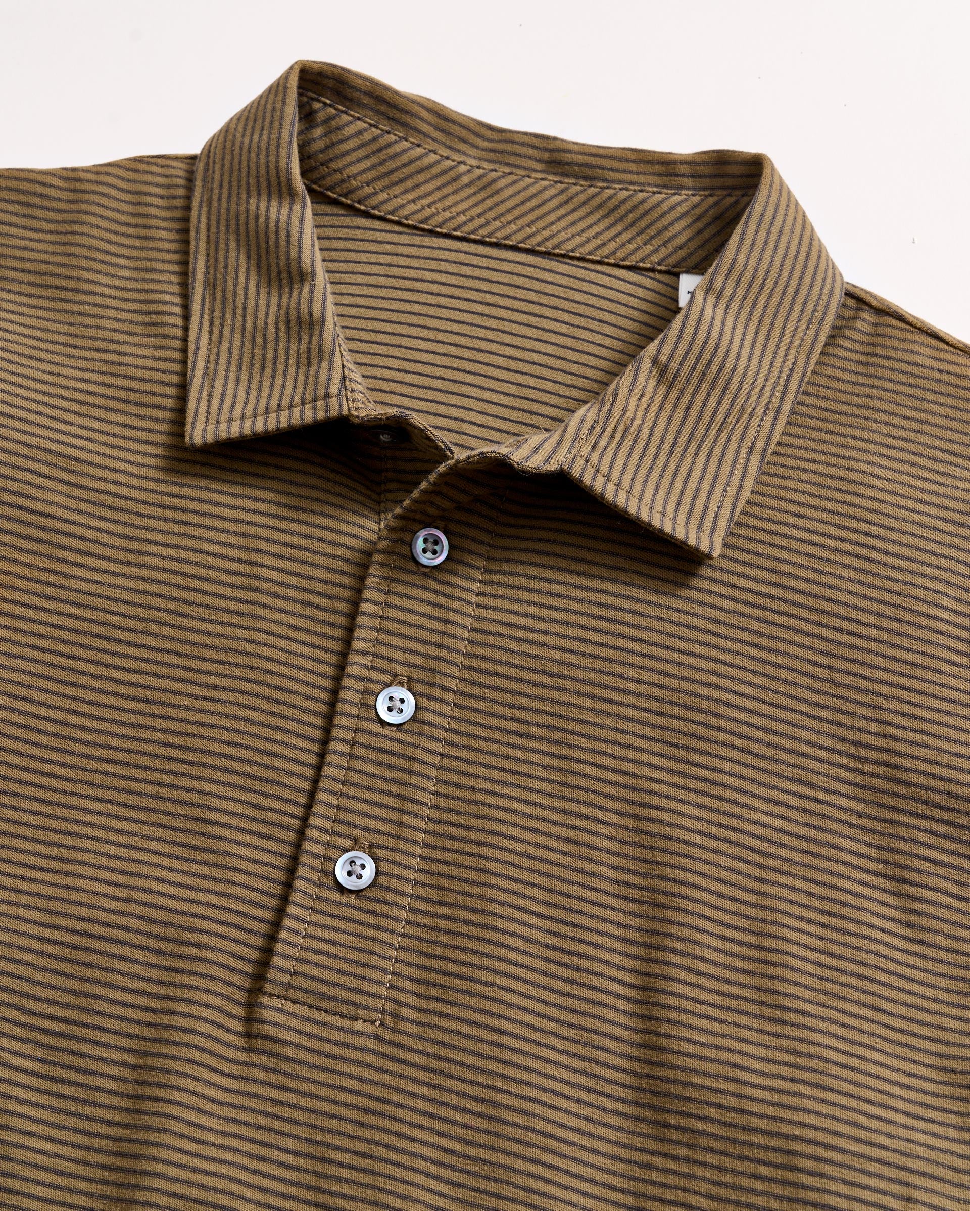 A brown and olive-green striped polo shirt with a collar and three buttons on the placket, laid flat on a white background.