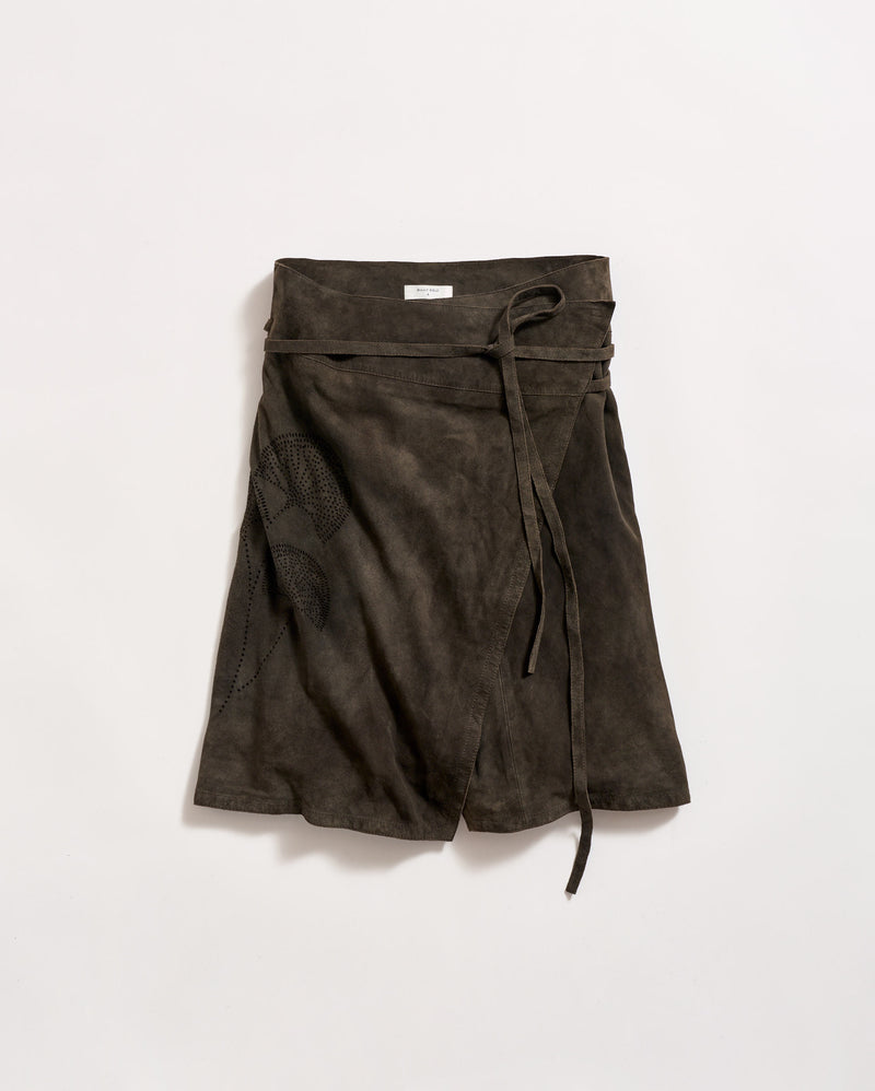 A dark brown suede wrap skirt with an embroidered pattern on one side and a long tie belt, displayed against a plain white background.