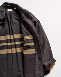 A dark gray coat is laid open, revealing its inner lining with two wide horizontal tan stripes and a small buttoned pocket. The coat has a brown accent on the inner cuff and is displayed on a light surface.