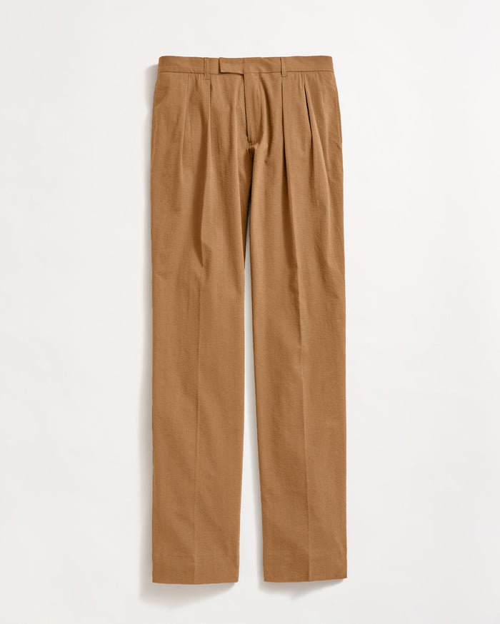 Seersucker Double Pleated Trouser in British Khaki