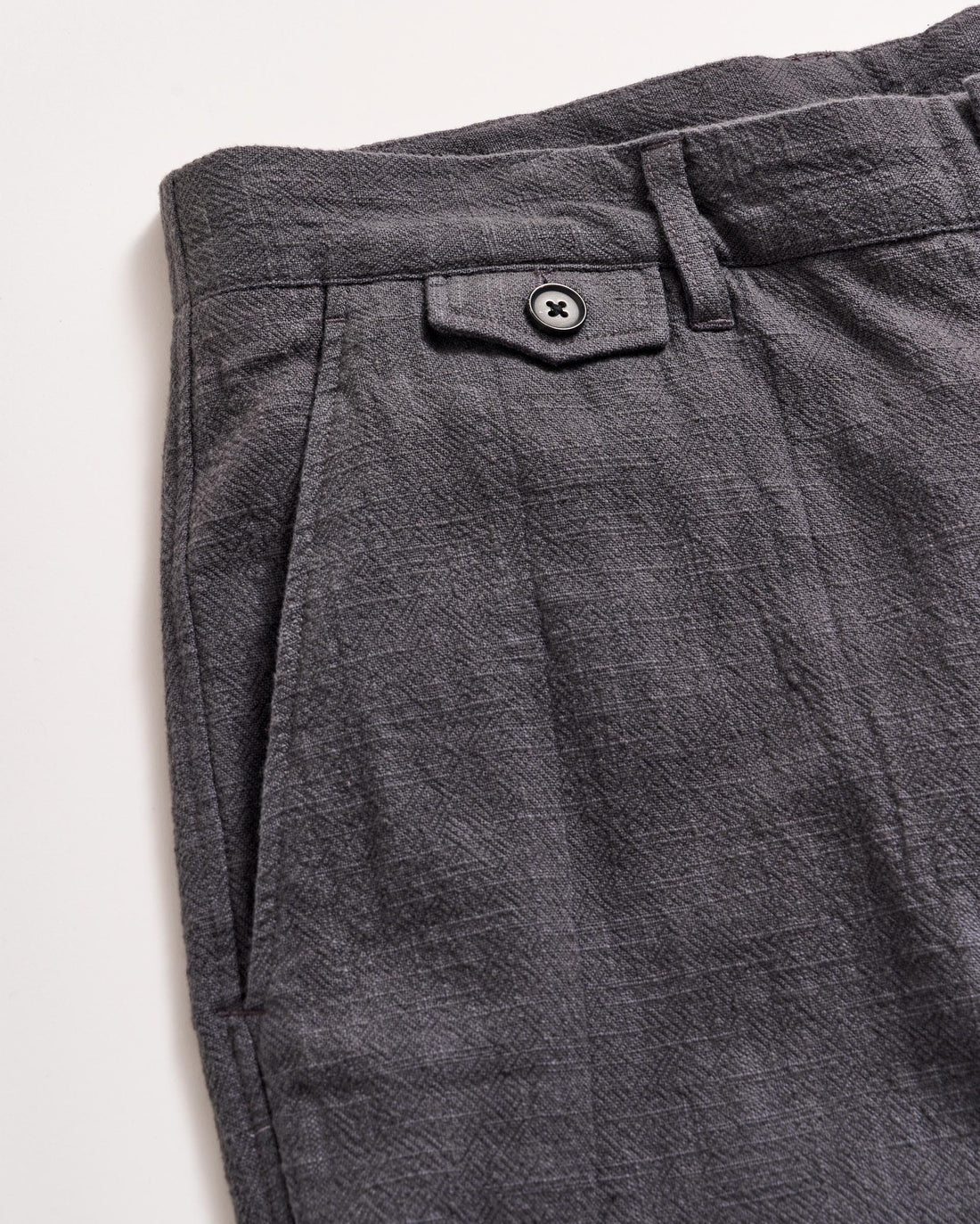Close-up of the upper section of a pair of textured gray pants, featuring a waistband with a belt loop, a small decorative flap with a black button, and a pleated design near the pocket.