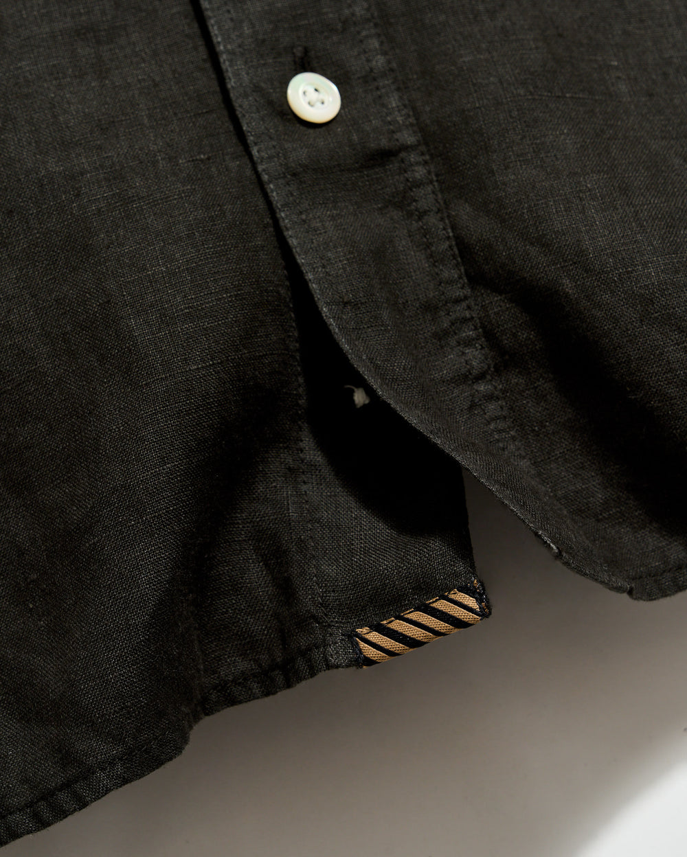 Close-up of a black shirt with a button on a neutral background