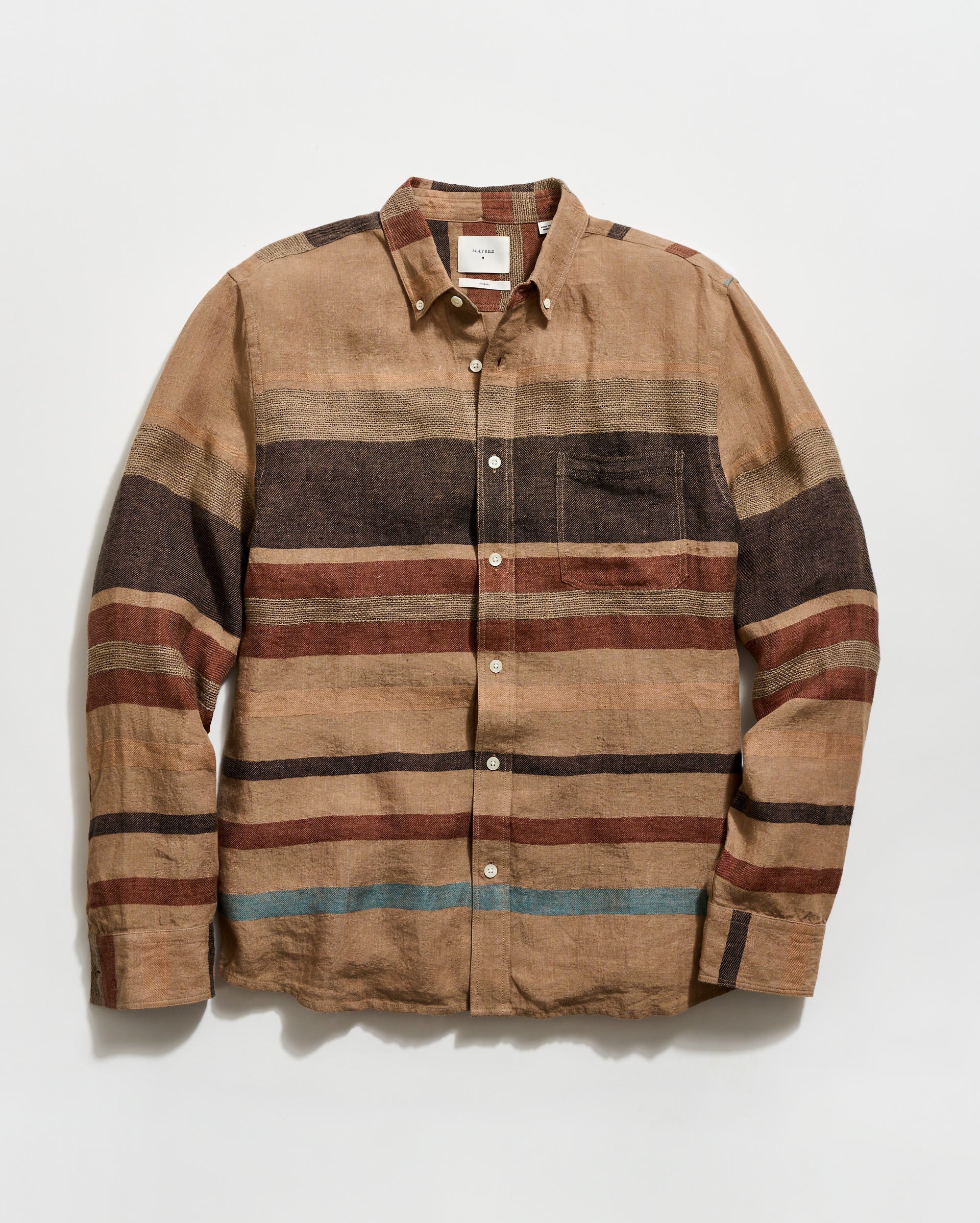 Striped shirt with brown, beige, and red pattern on a white background