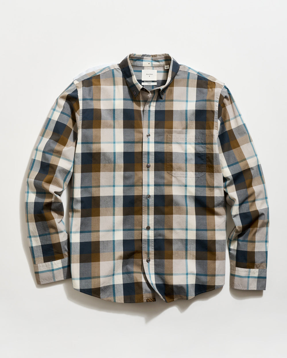 Plaid shirt with brown, blue, and beige pattern on a white background