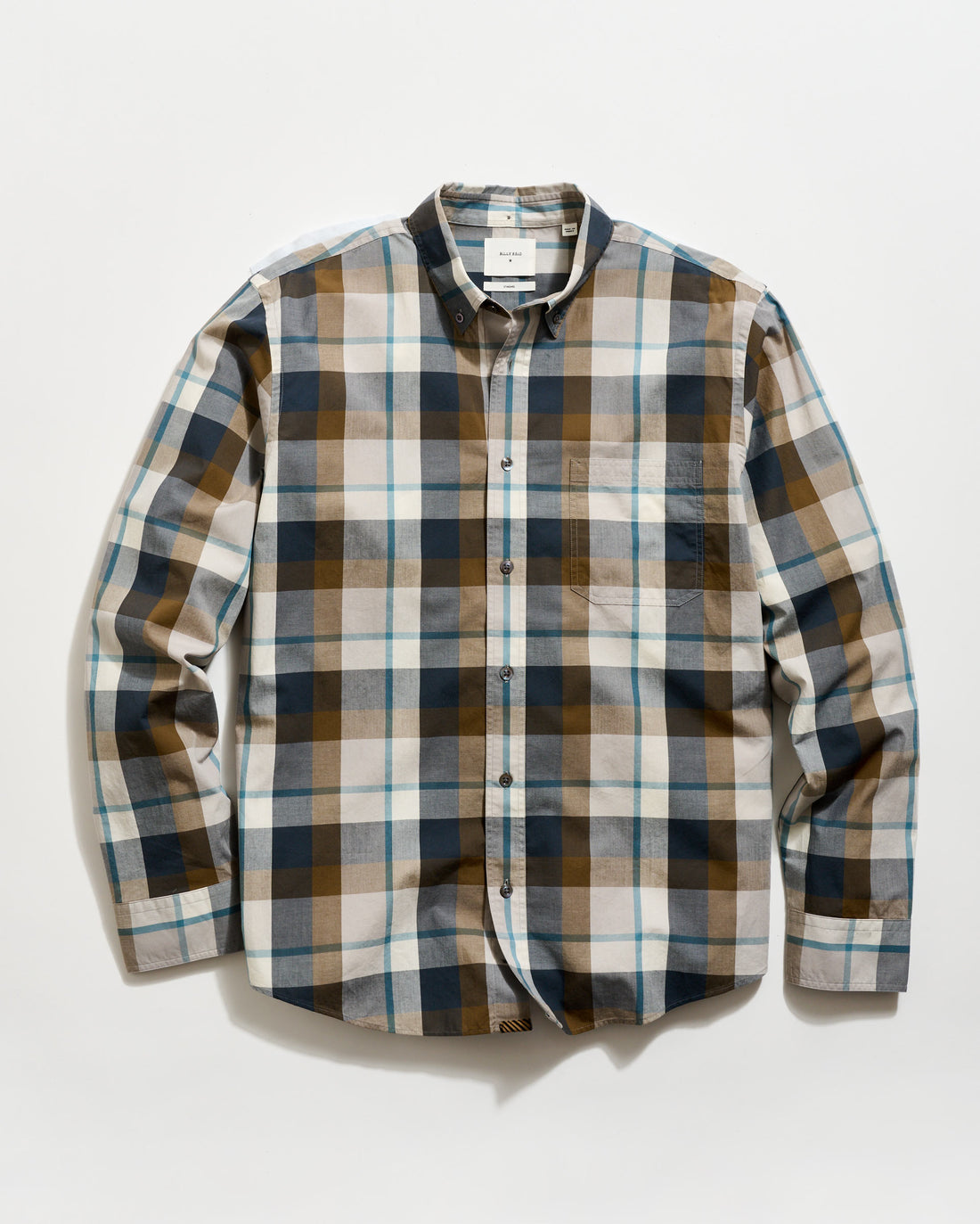 Plaid shirt with brown, blue, and beige pattern on a white background
