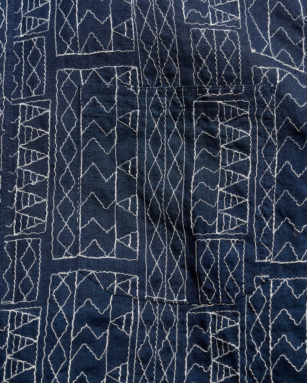 Close-up of a dark blue fabric with white geometric patterns