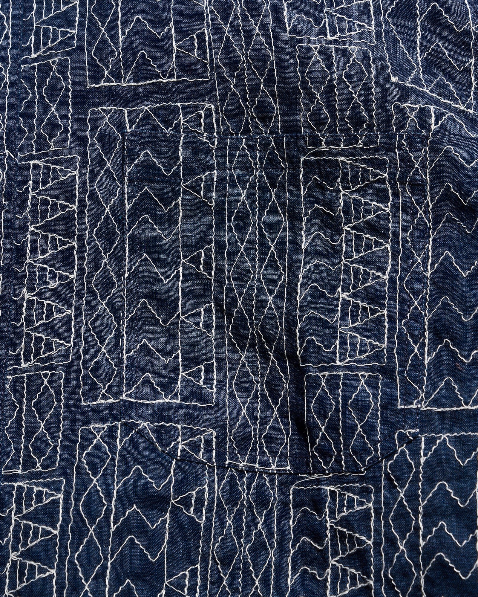 Close-up of a dark blue fabric with white geometric patterns