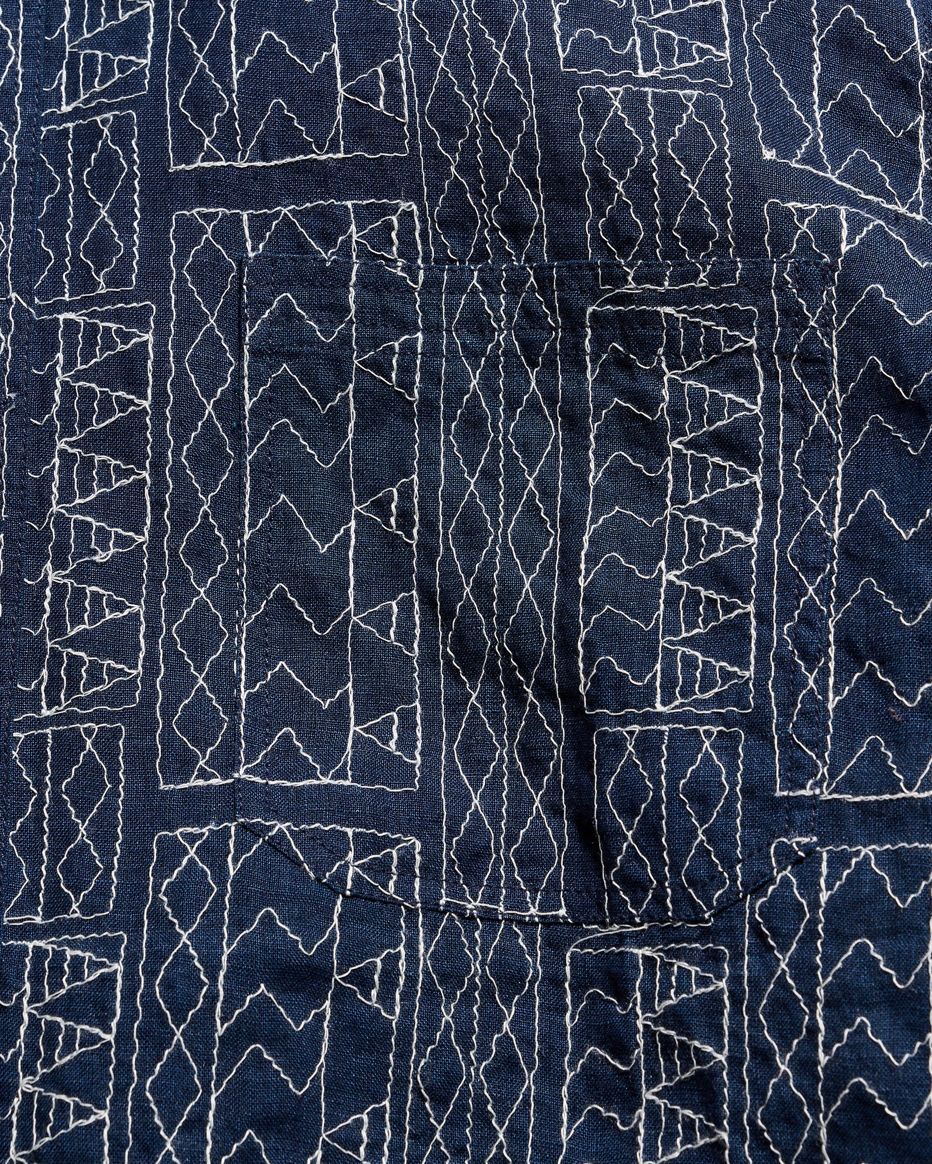 Close-up of a dark blue fabric with white geometric patterns