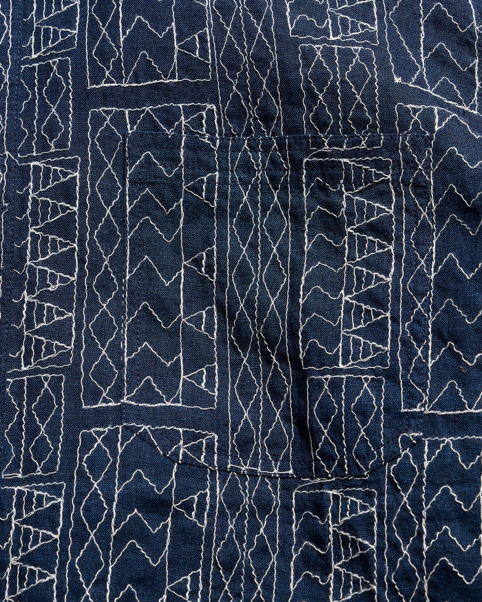 Close-up of a dark blue fabric with white geometric patterns