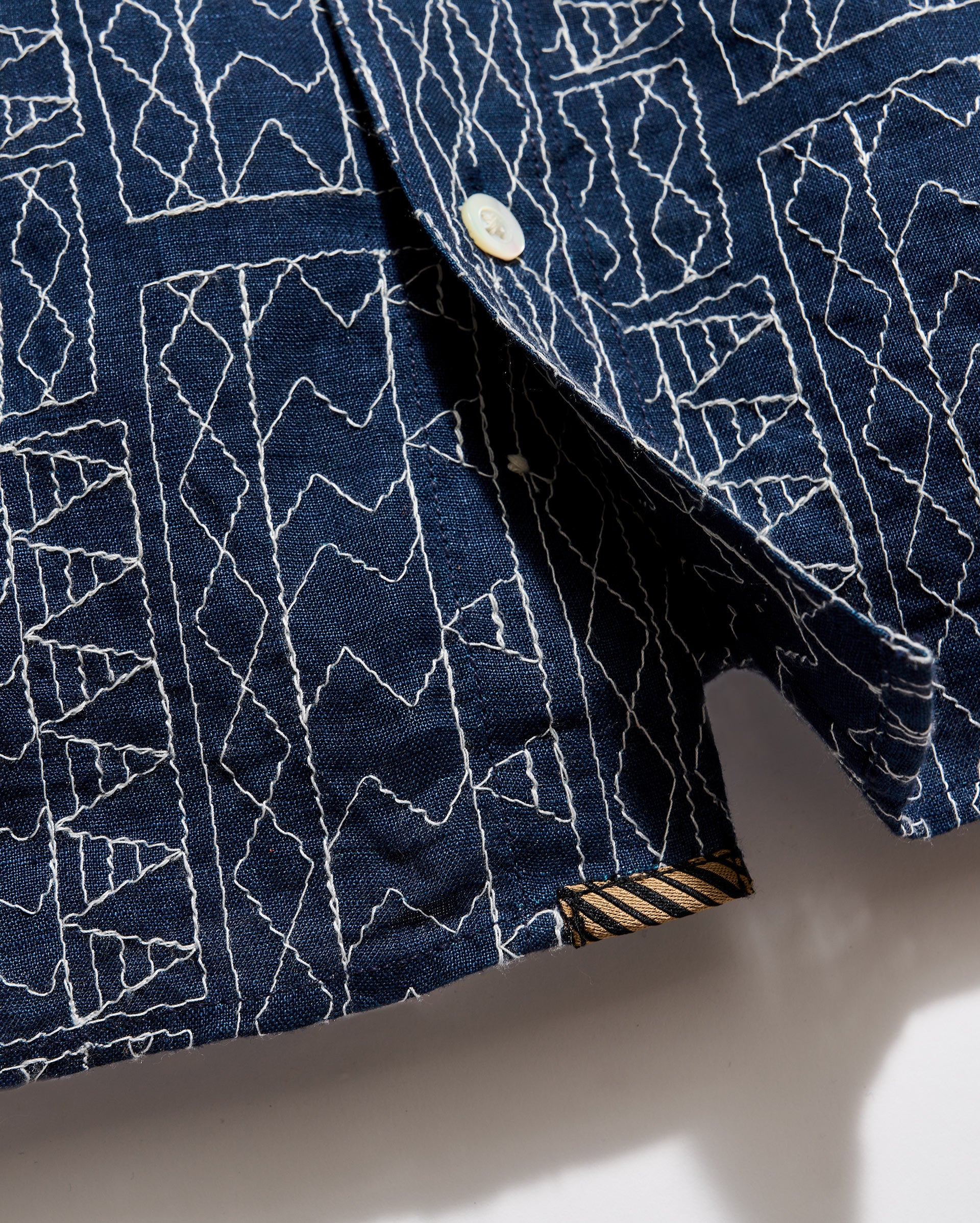 Close-up of a navy blue fabric with white geometric pattern on a light background