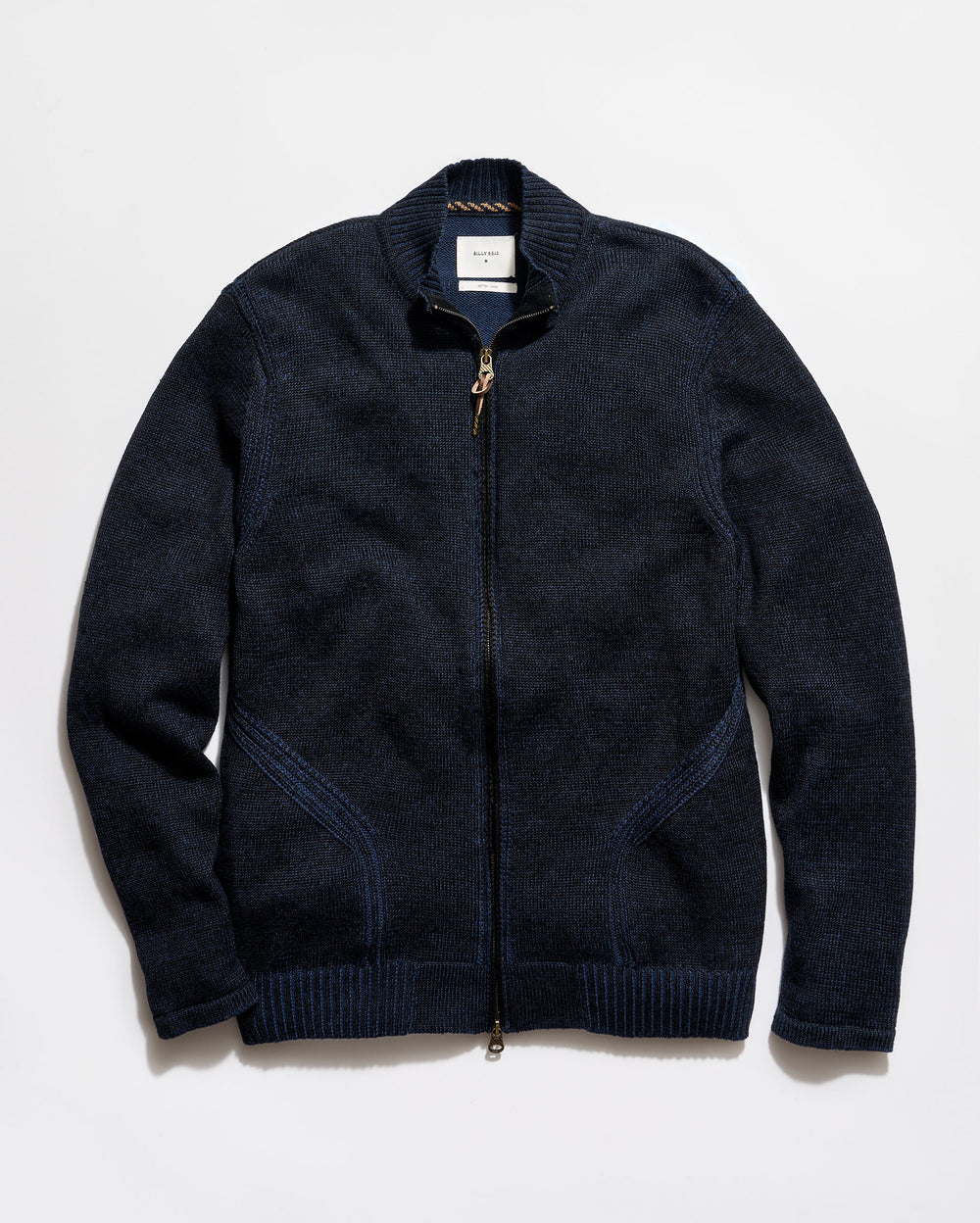 Dark blue zip-up sweater on a light gray background