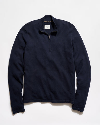 Navy blue pullover with a quarter zip on a light gray background