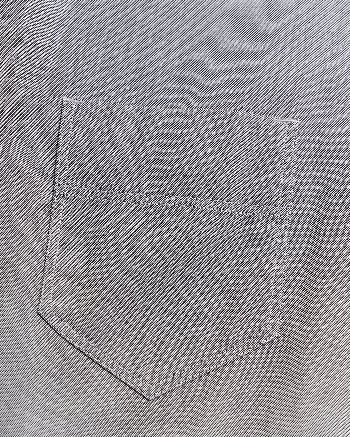 Close-up of a gray denim fabric with a stitched pocket, showing detailed texture and visible seam lines.