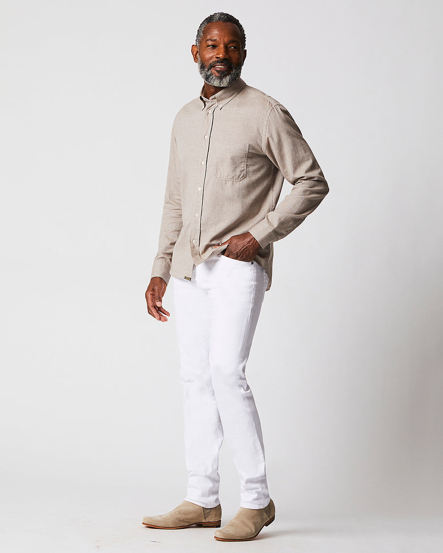 Male model wears the TUSCUMBIA CLASSIC SHIRT in TAN