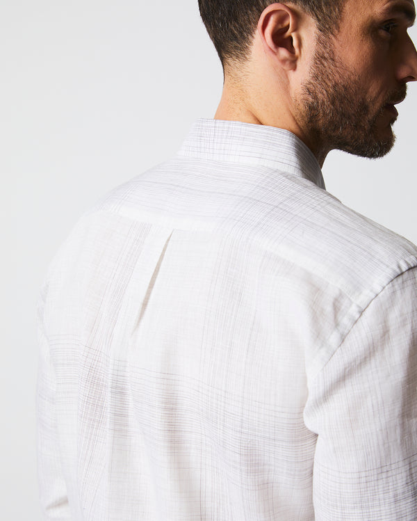 Male model wears the Tuscumbia Shirt in White/Grey plaid