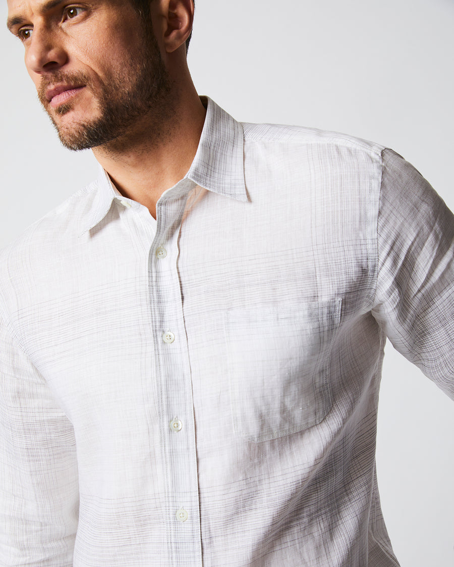 Male model wears the Tuscumbia Shirt in White/Grey plaid