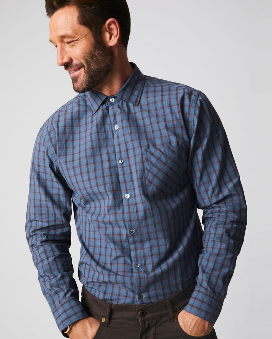 Male Model wears the Tuscumbia Shirt in Sea Blue, Navy