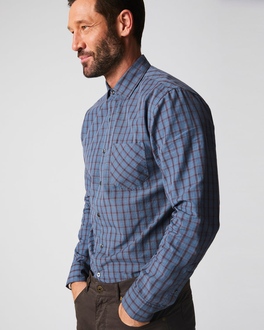 Male Model wears the Tuscumbia Shirt in Sea Blue, Navy