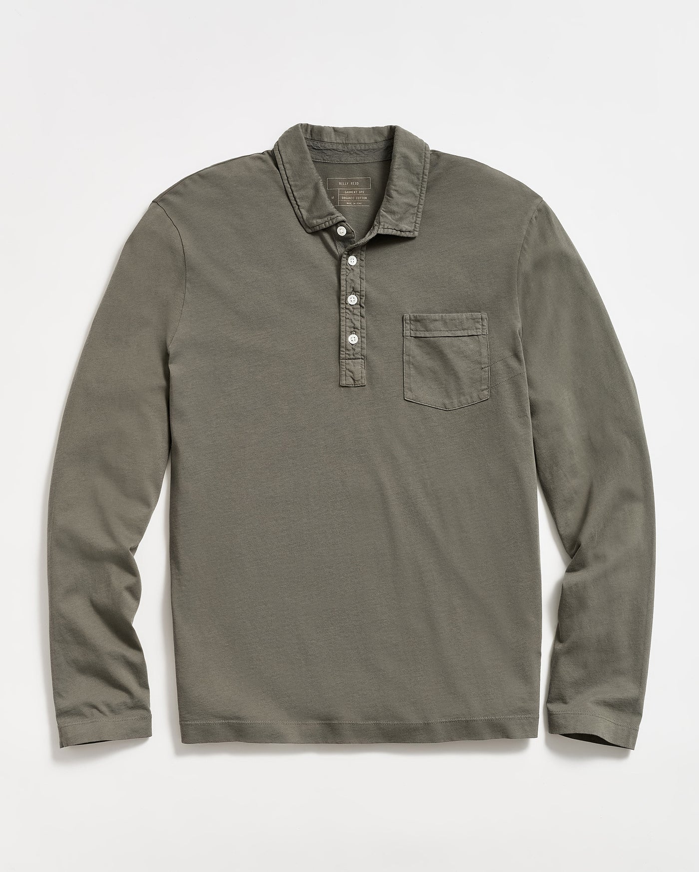A long-sleeve, olive green polo shirt with a collar, a button-up placket featuring four buttons, and a single chest pocket, laid flat on a white background.