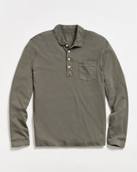 A long-sleeve, olive green polo shirt with a collar, a button-up placket featuring four buttons, and a single chest pocket, laid flat on a white background.