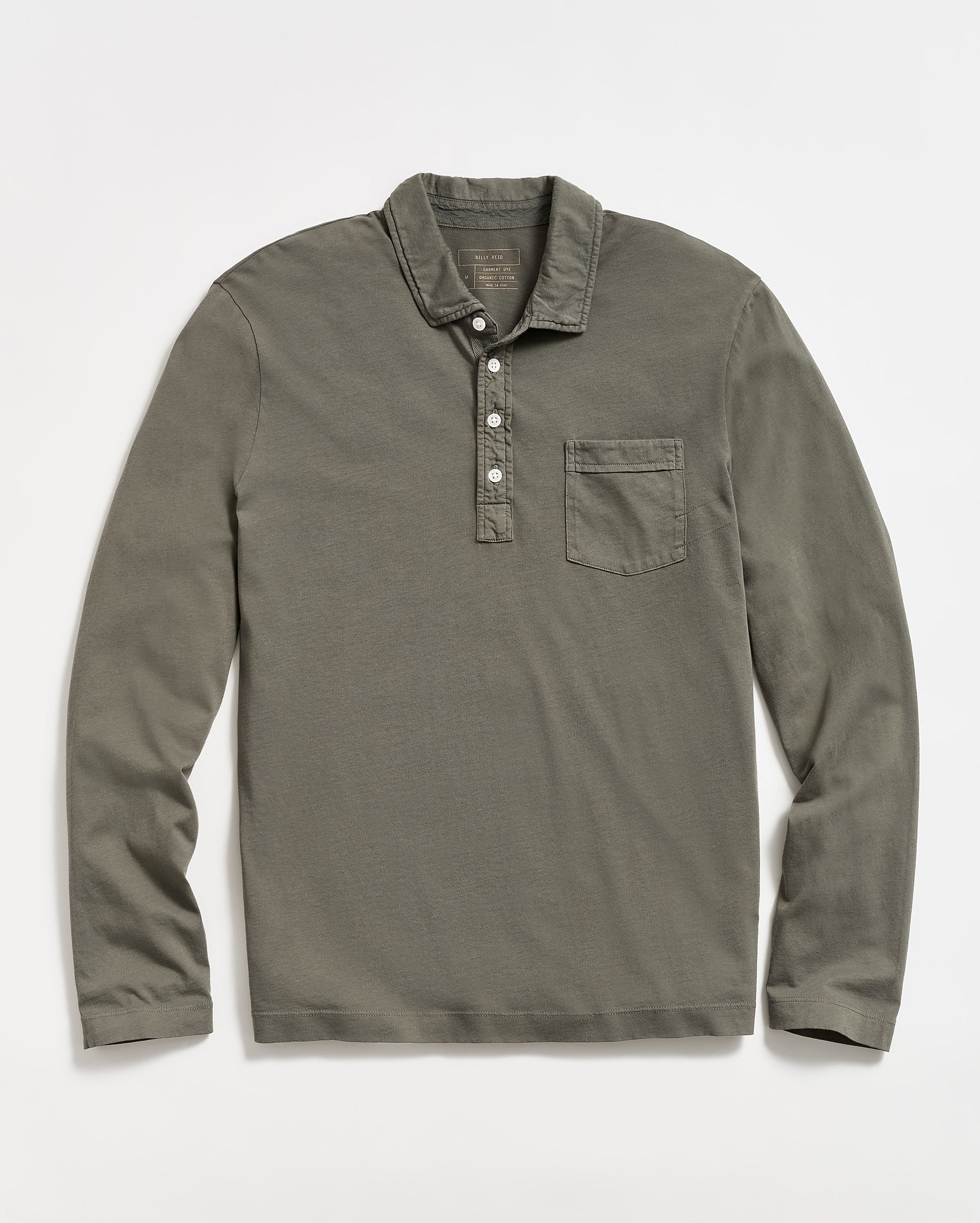 A long-sleeve, olive green polo shirt with a collar, a button-up placket featuring four buttons, and a single chest pocket, laid flat on a white background.