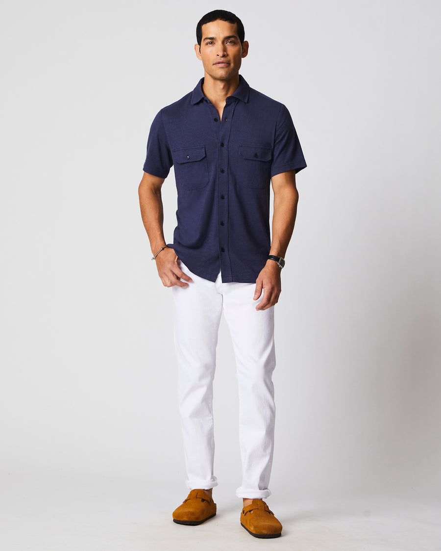 Short Sleeve Hemp Cotton Knit Shirt in Navy