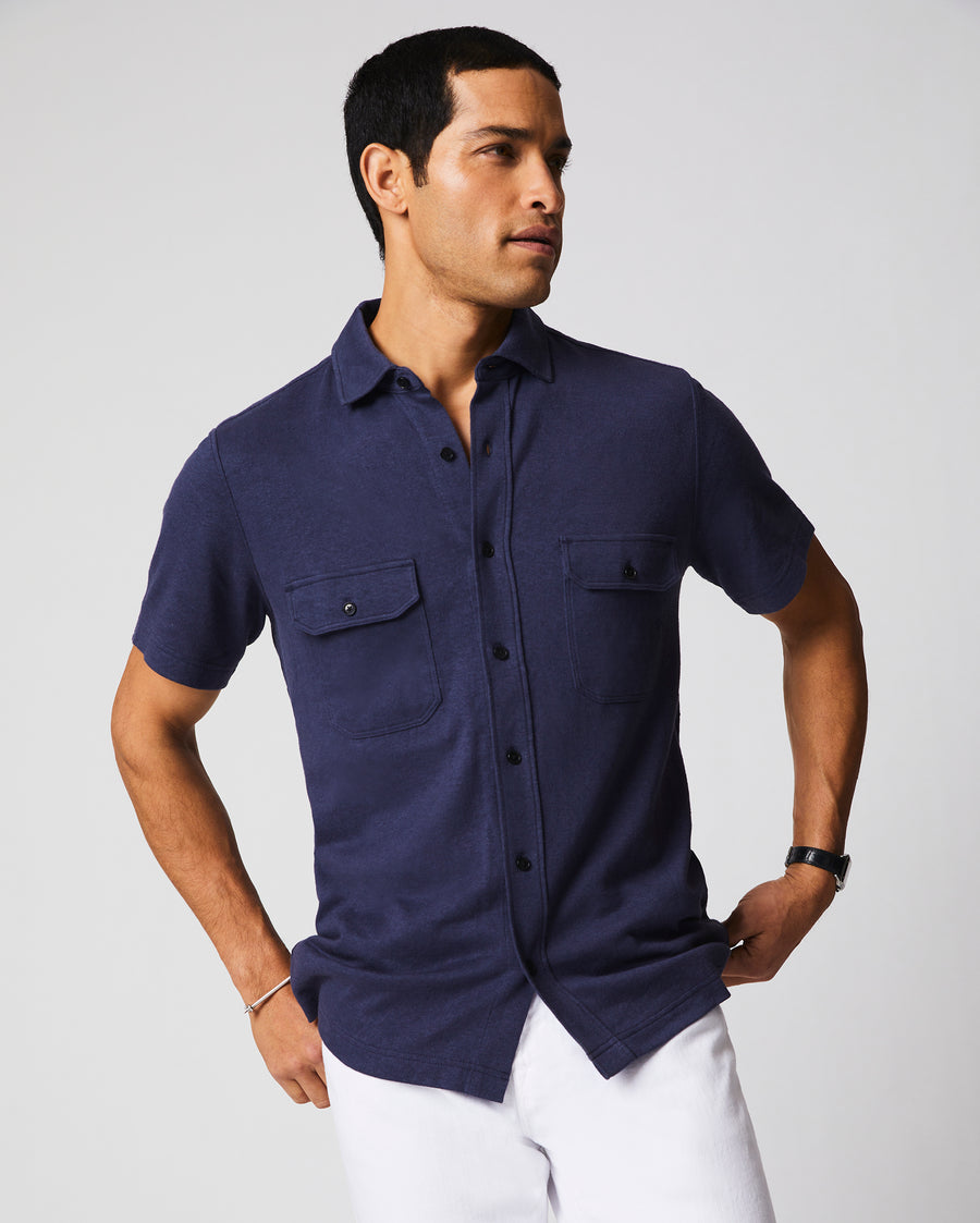 Short Sleeve Hemp Cotton Knit Shirt in Navy